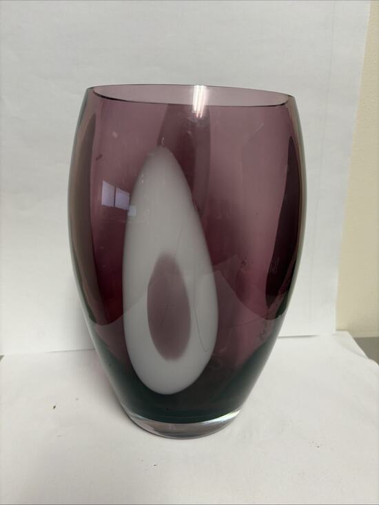 Sasaki Other - Blown Crystal Glass Amethyst Purple White Vase 10.5 x 6 x 4.25" Made In Poland